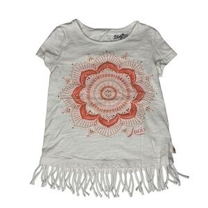Lucky Brand Girls Top Size S Short Sleeve Mandala Graphic Fringe Hem Tee Shirt